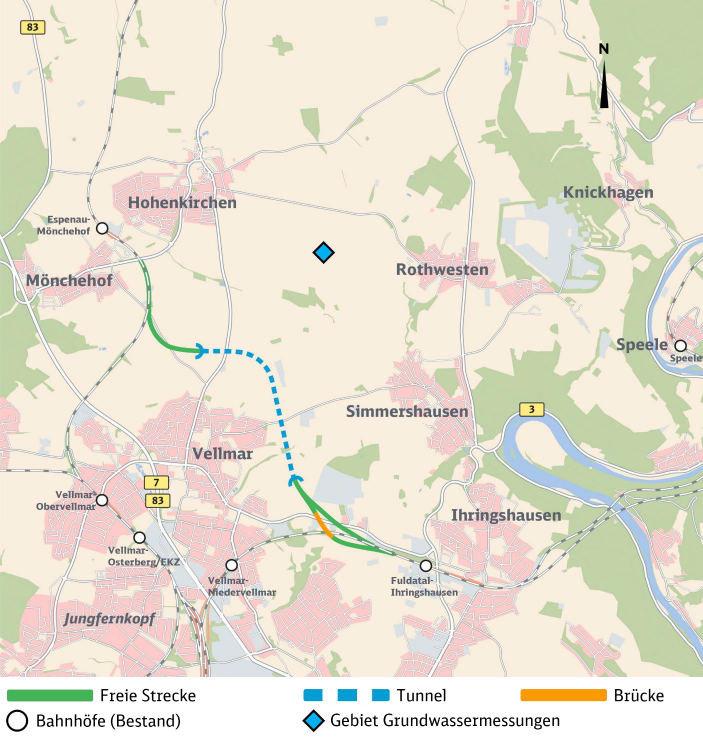 Eine Karte mit Einzeichnung der Grundwassermessungen für das Projekt Kurve Kassel